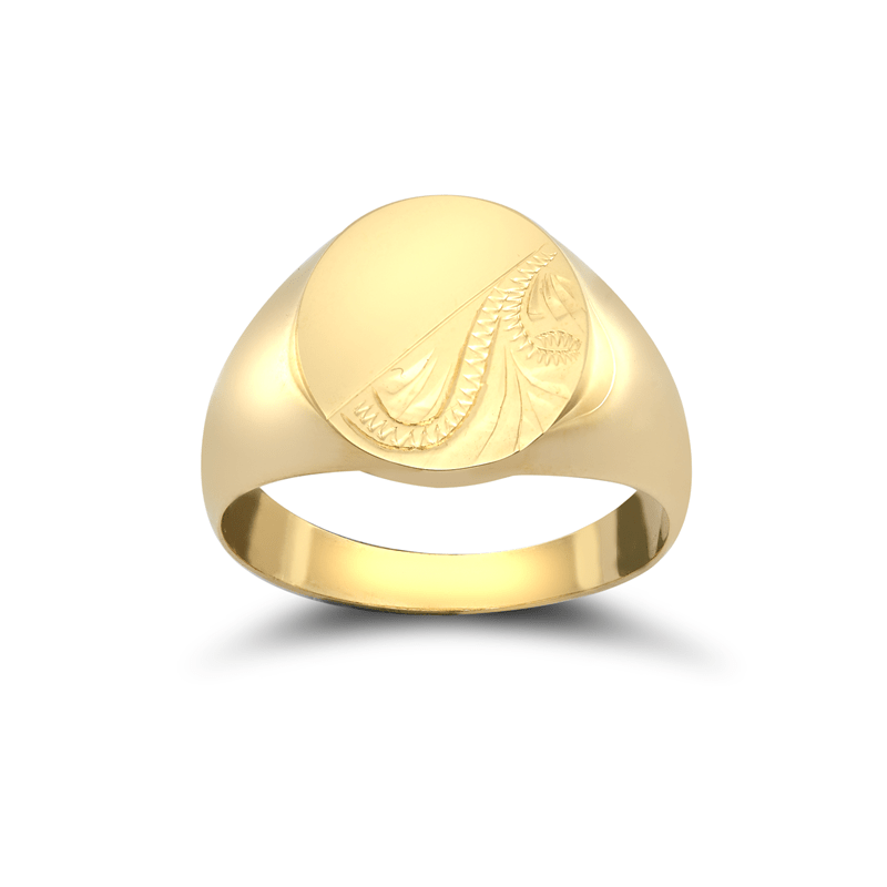 9ct Yellow Gold Engraved Oval Signet Ring - Fuegold Jewellery