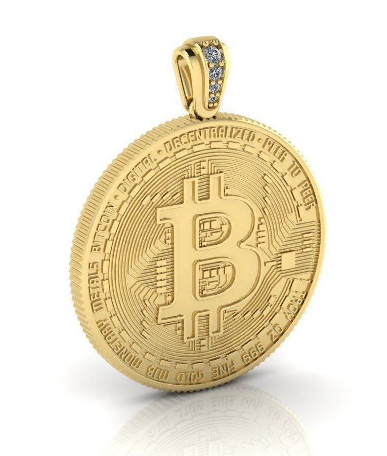 18ct Gold Bitcoin Pendant Diamond Bail - Fuegold Jewellery