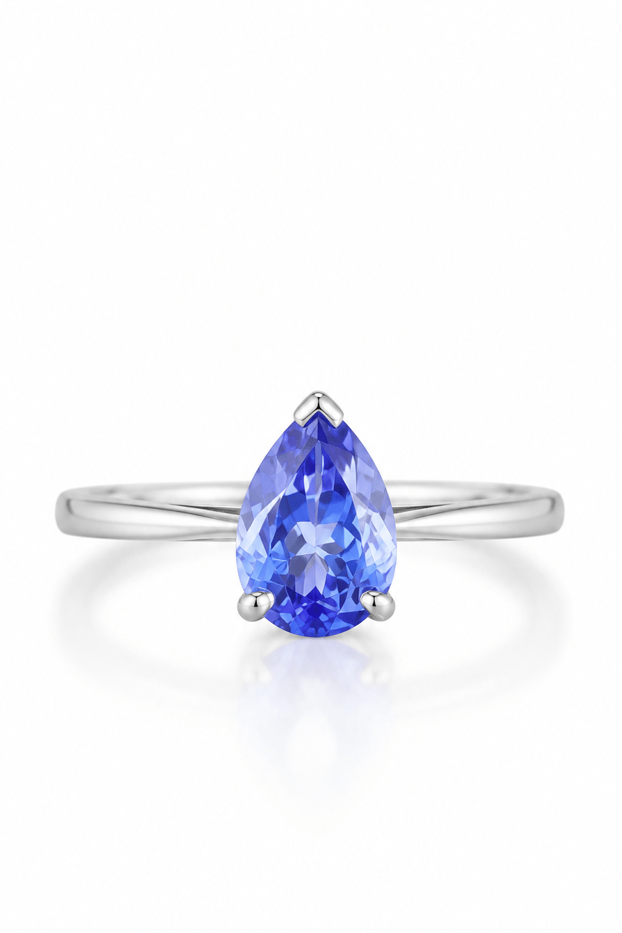 18ct White Gold Pear Tanzanite Solitaire Ring – Vivid Blue Gemstone Engagement Ring - Fuegold Jewellery