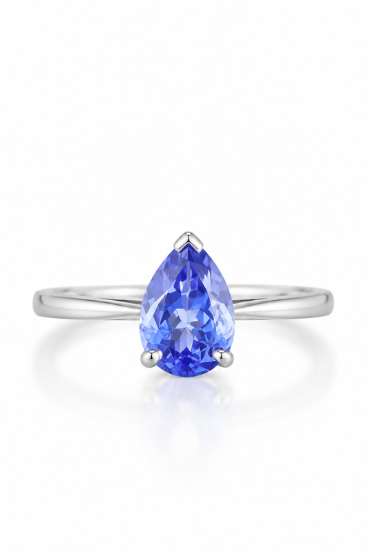 18ct White Gold Pear Tanzanite Solitaire Ring – Vivid Blue Gemstone Engagement Ring - Fuegold Jewellery