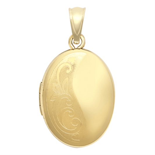 9ct Gold Oval Photo Locket – 20mm Engraved Gold Pendant - Fuegold Jewellery