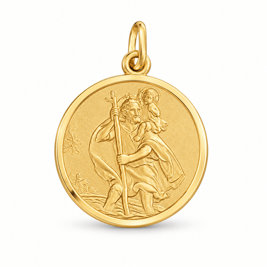 9ct Gold St. Christopher Medallion Pendant – 20mm Solid Gold - Fuegold Jewellery