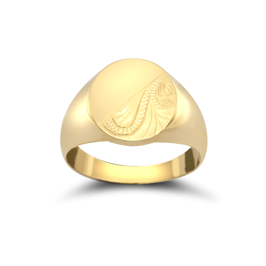 9ct Yellow Gold Engraved Oval Signet Ring - Fuegold Jewellery