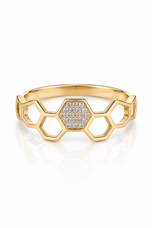 9ct Yellow Gold Natural VVS Diamond Honeycomb Ring - Fuegold Jewellery