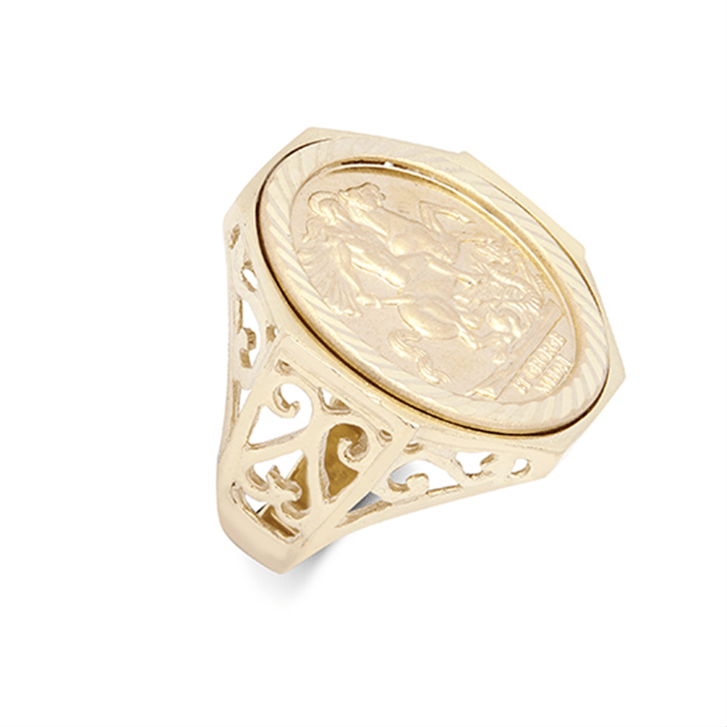 9ct Yellow Gold St George Sovereign Style Ring – Large - Fuegold Jewellery